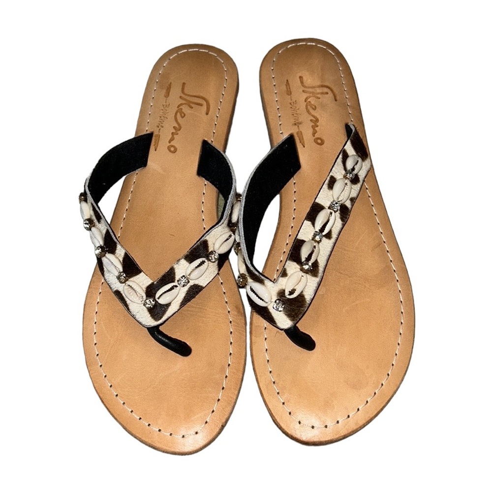LN Skemo Savannah Leopard Embellished Leather Rhinestone Shell Slide Sandals - 7 - Picture 6 of 15